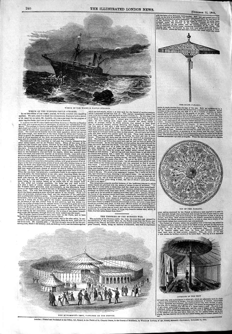 Original Old Antique Print 1844 Ship Wreck Windsor Castle Steamer Mohammed Tent