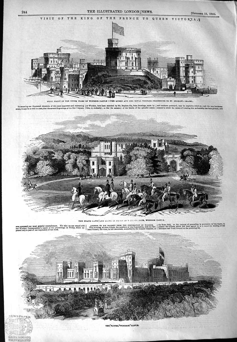 Old Antique Print 1844 King French Queen Victoria Windsor Castle Gardens 19th