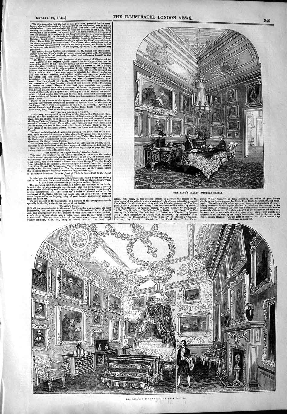 Original Old Antique Print 1844 King'S Closet Windsor Castle Bed Chamber 19th