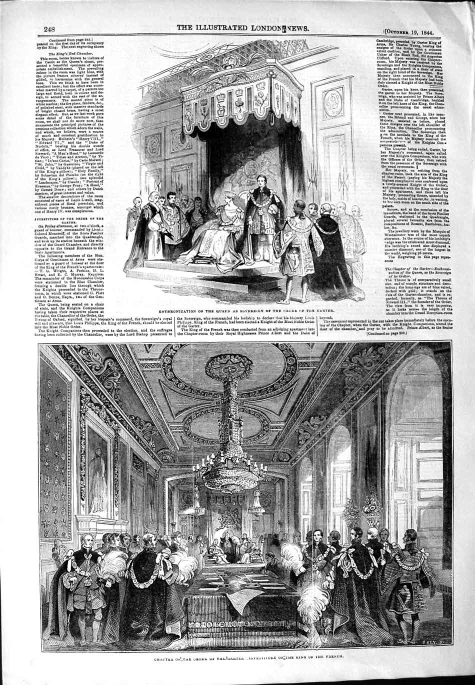 Original Old Antique Print 1844 Queen Sovereign Order Garter King French 19th