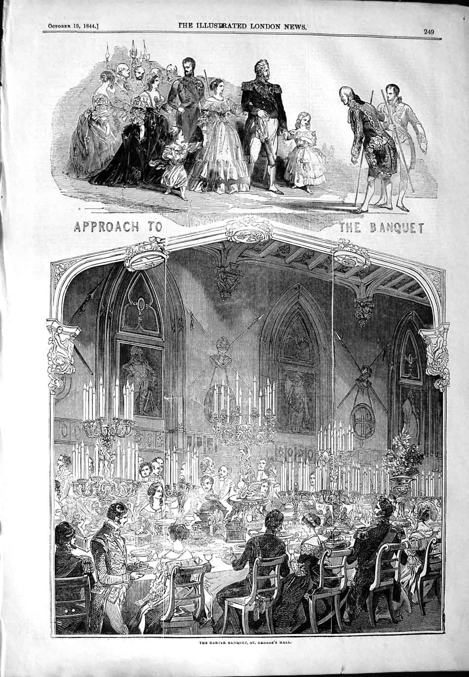 Original Old Antique Print 1844 Garter'S Banquet St. George'S Hall Royalty 19th