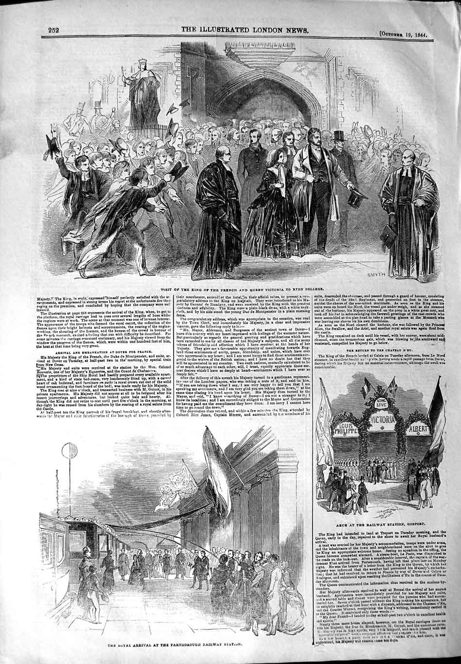 Original Old Antique Print 1844 King France Queen Victoria Eton College Railway