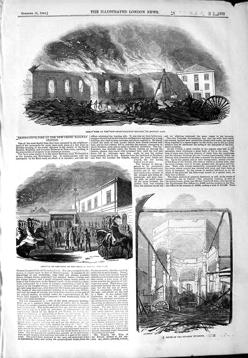 Original Old Antique Print 1844 Fire New-Cross Railway Station Octagon B 19th