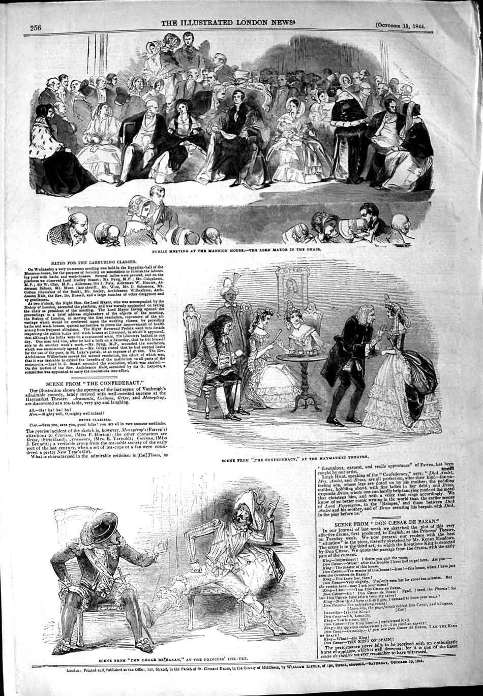Old Antique Print 1844 Mansion House Lord Mayor Haymarket Theatre Caesar 19th