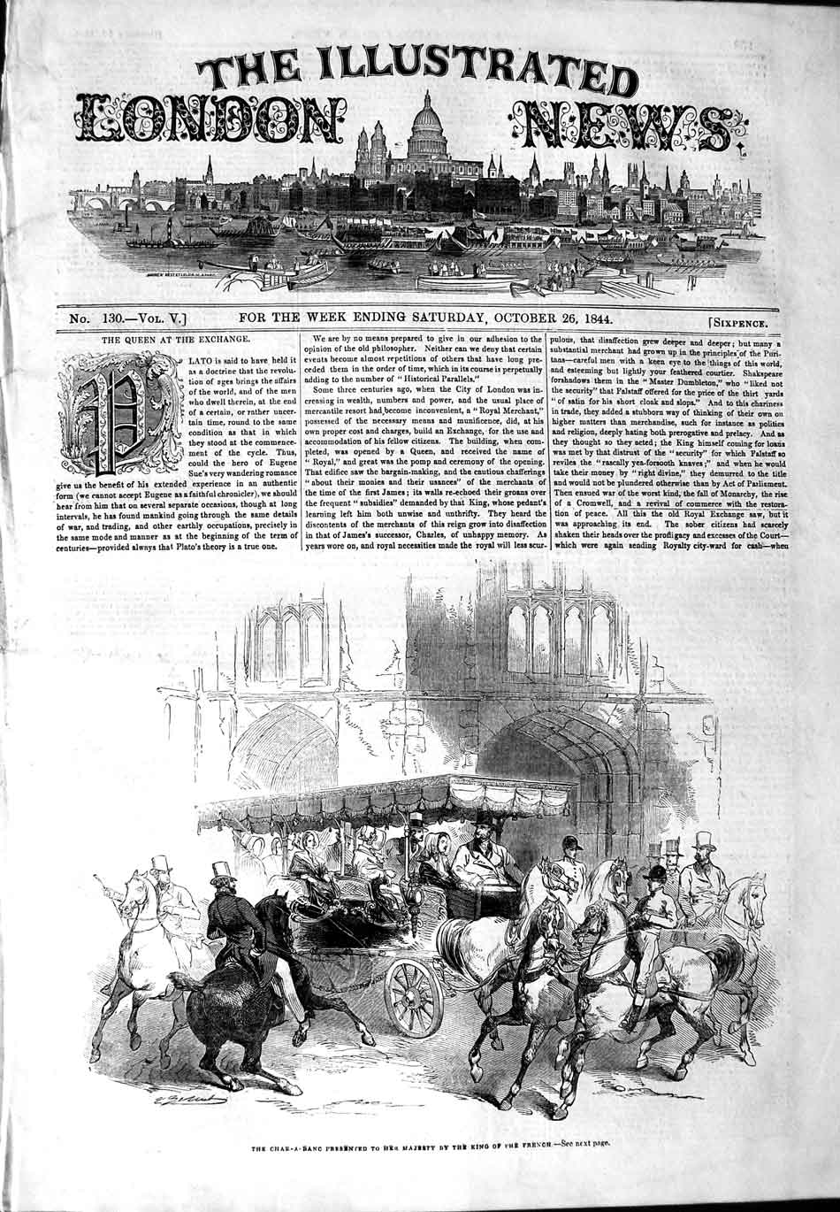 Original Old Antique Print 1844 Char-A-Banc Queen King French Horses Carriage