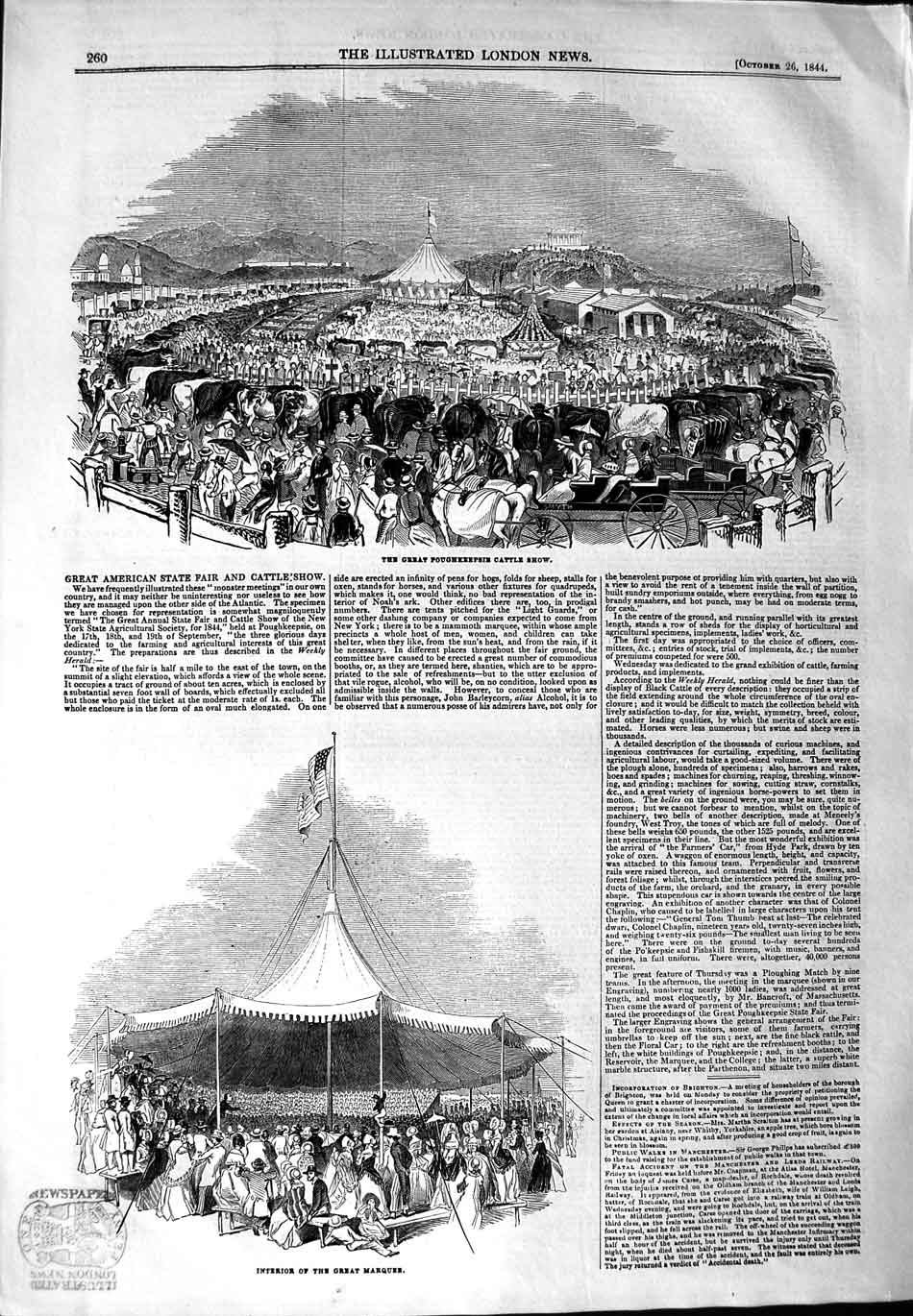 Original Old Antique Print 1844 American Cattle Show Poughkeepsi Great Marquee