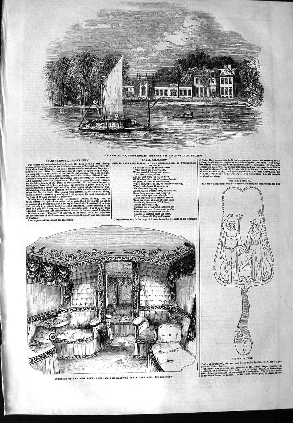 Original Old Antique Print 1844 Southampton Railway Carriage Twickenham Orleans