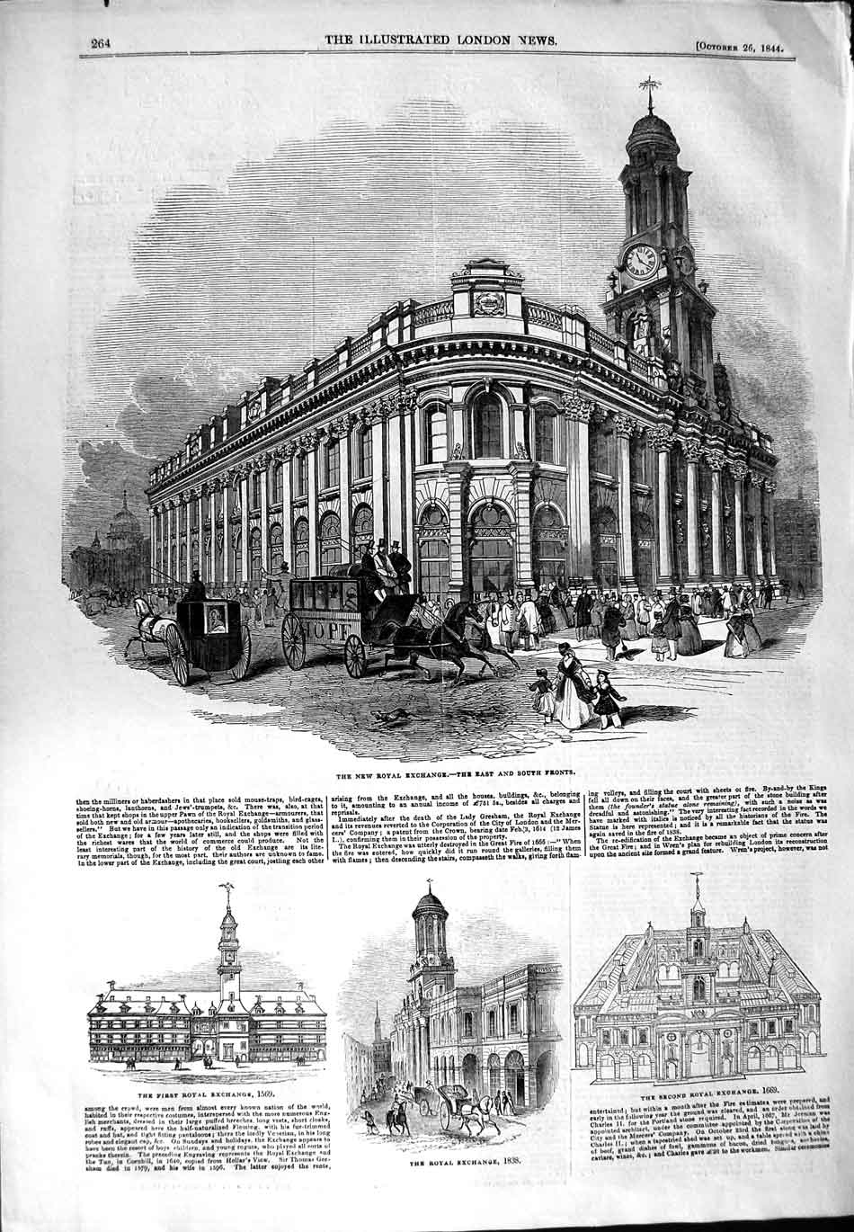 Original Old Antique Print 1844 New Royal Exchange Building Architecture 19th