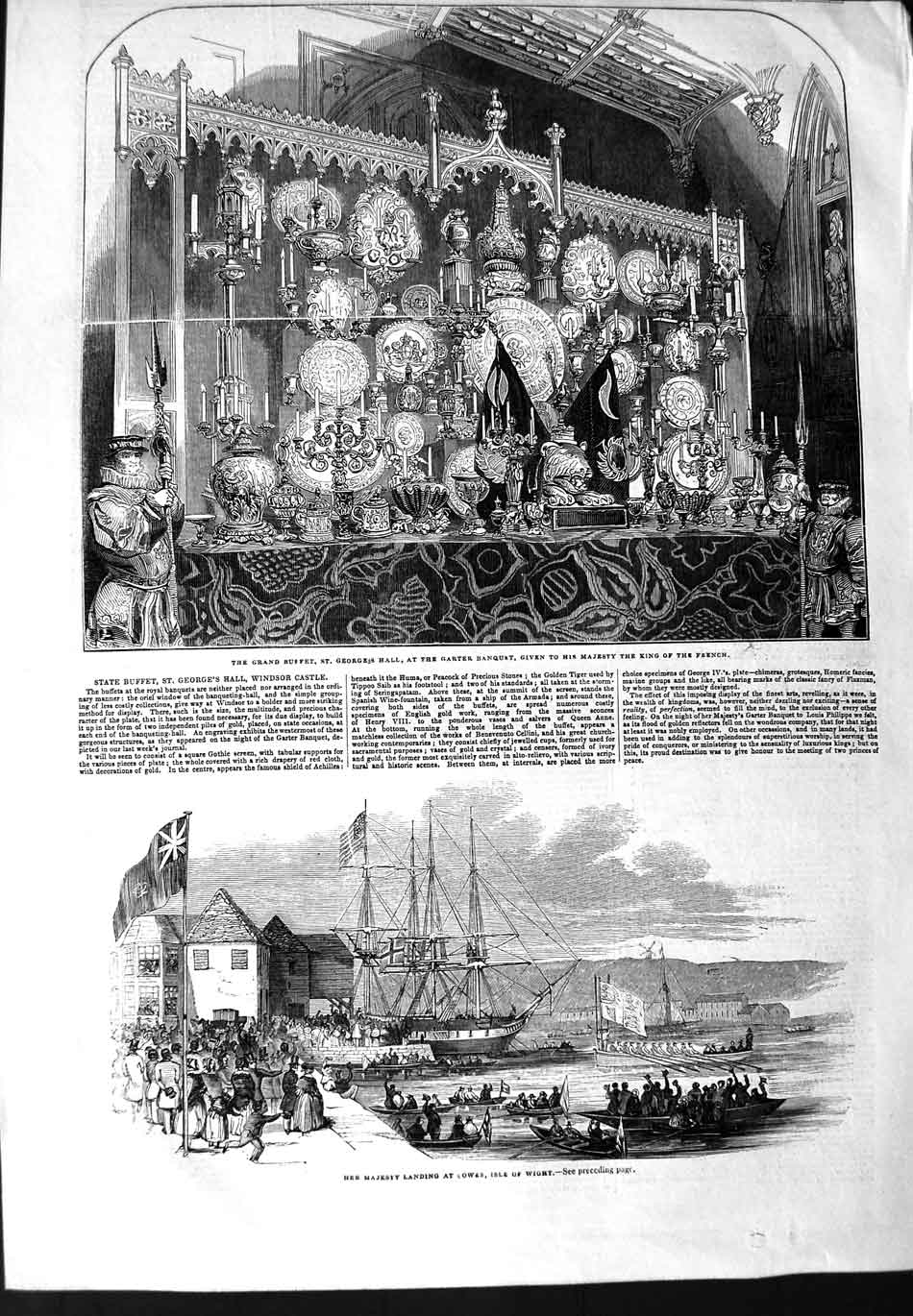 Original Old Antique Print 1844 Queen Isle Wight Buffet George'S Garter Banquet