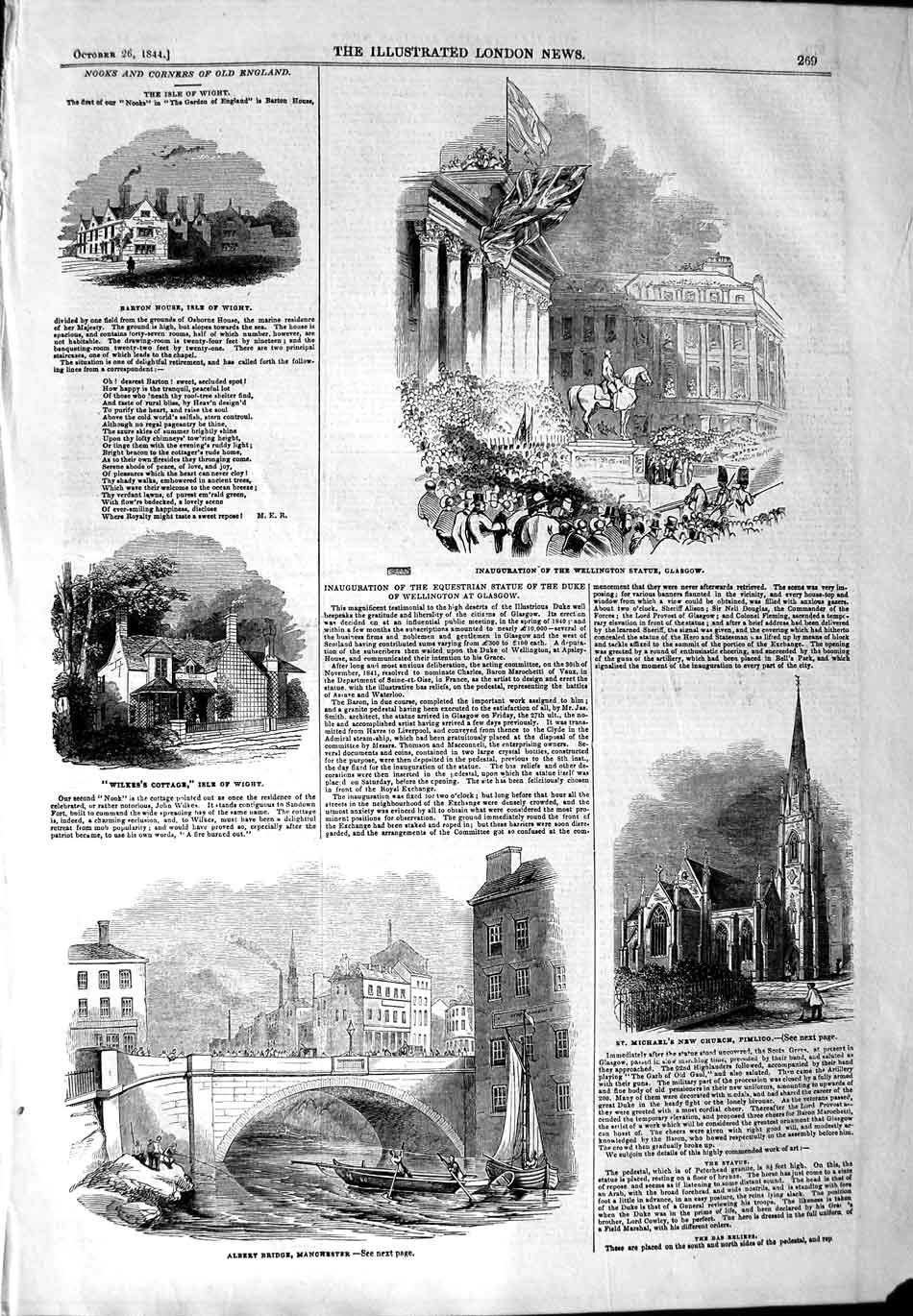 Original Old Antique Print 1844 Wellington Statue Church Pimlico Bridge Man 19th