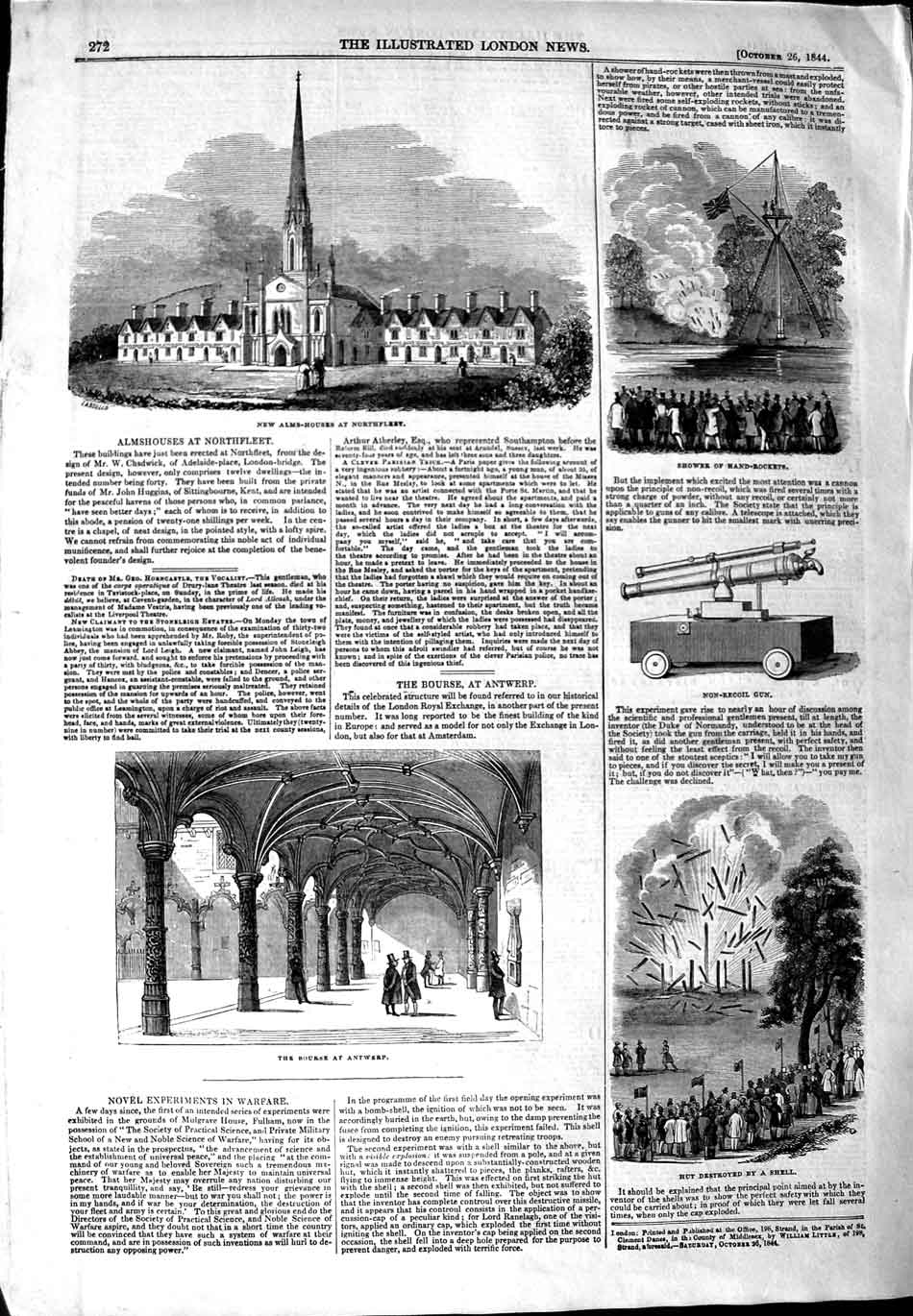 Old Antique Print 1844 Almshouses Northfleet Bourse Antwerp War Weapons 19th