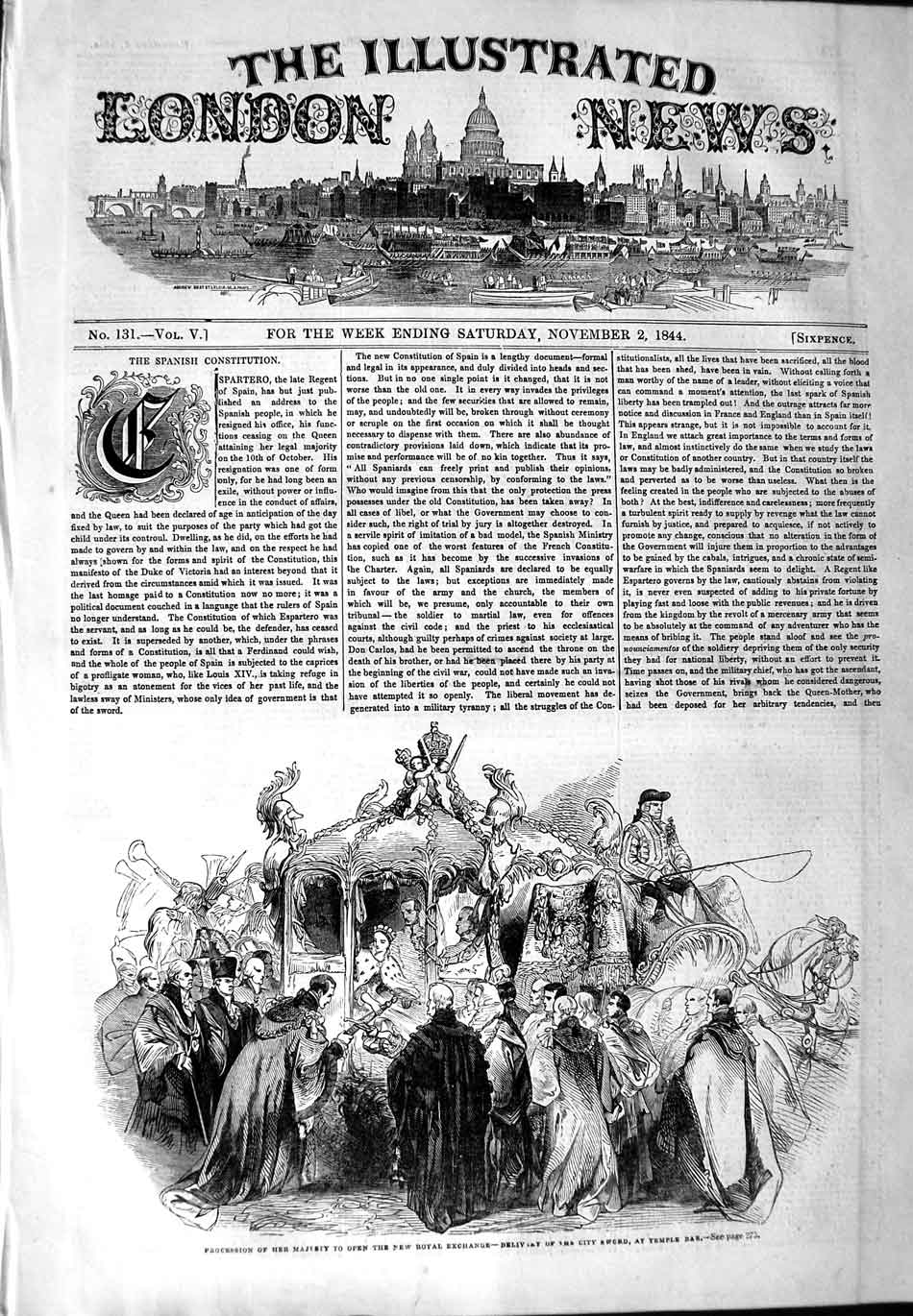 Original Old Antique Print 1844 Procession Queen City Sword Temple Bar Exchange