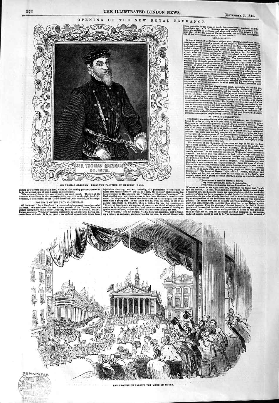 Original Old Antique Print 1844 Portrait Thomas Gresham Mansion House Pro 19th