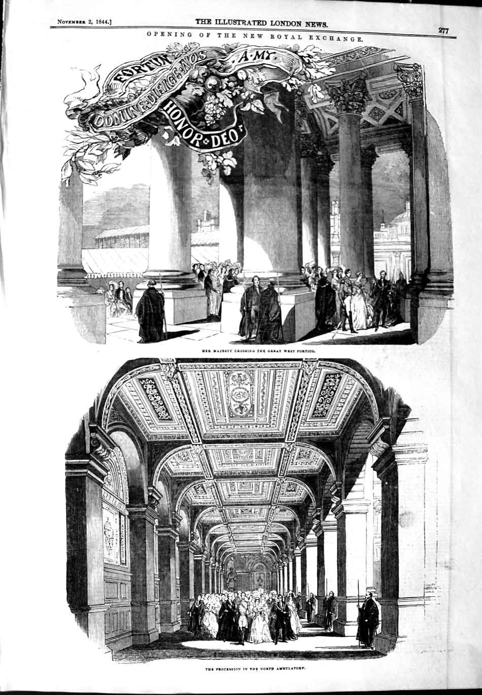 Old Antique Print 1844 New Royal Exchange Queen West Portico Ambulatory 19th