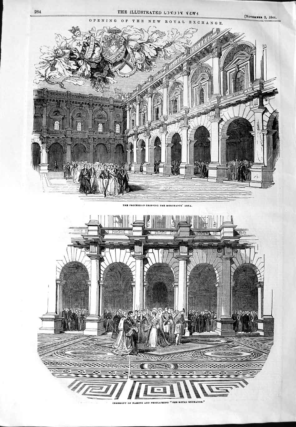 Original Old Antique Print 1844 New Royal Exchange Merchants Area Ceremony 19th