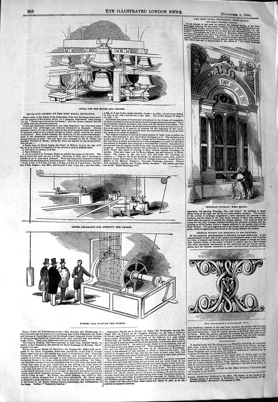 Original Old Antique Print 1844 Bells Chimes Royal Exchange Barrel Monogram