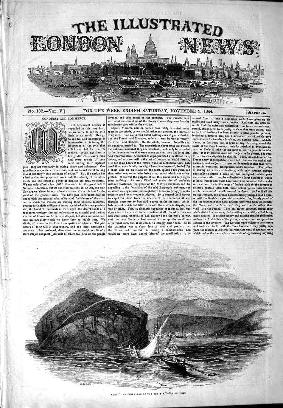Original Old Antique Print 1844 View Aden Red Sea Boats Cliffs 19th