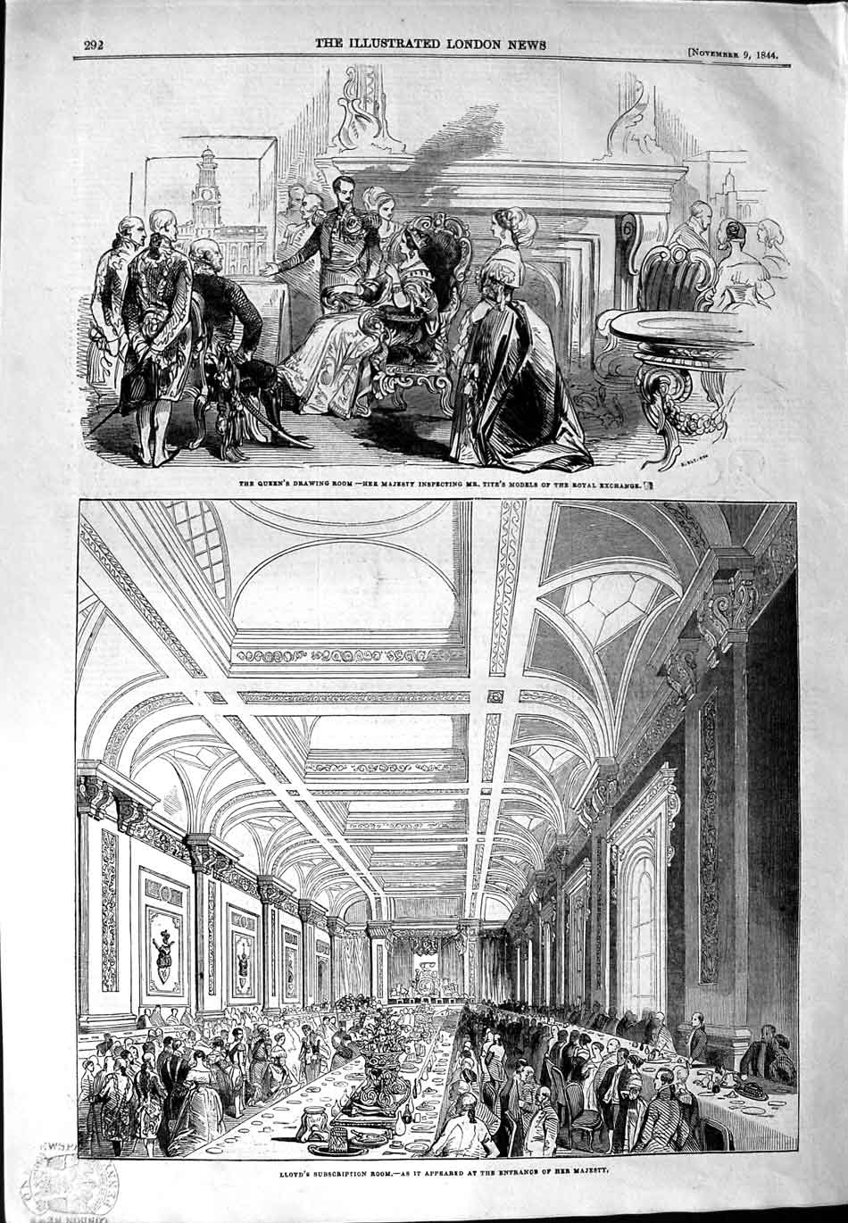 Old Antique Print 1844 Queen Royal Exchange Lloyd'S Commercial Room Ball 19th