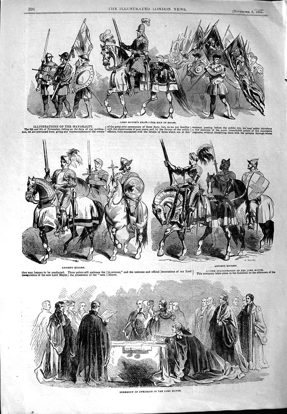 Original Old Antique Print 1844 Lord Mayors Show Ancient Knight Armour Flags