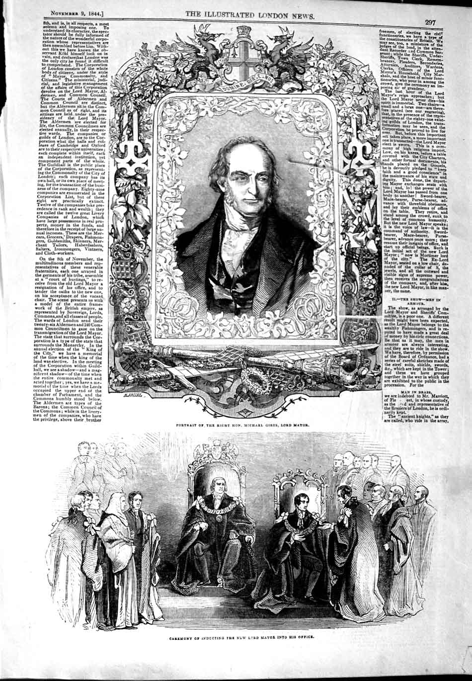 Original Old Antique Print 1844 Portrait Michael Gibbs Lord Mayor Jewel Bl 19th