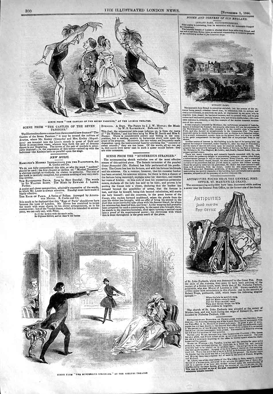 Original Old Antique Print 1844 Lyceum Theatre Adelphi Lypiatt Gloucest 19th