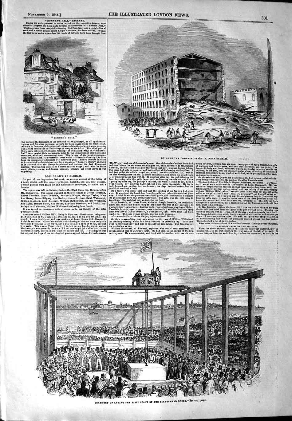 Original Old Antique Print 1844 Bonner'S Hall Birkenhead Docks Lower-House Mill