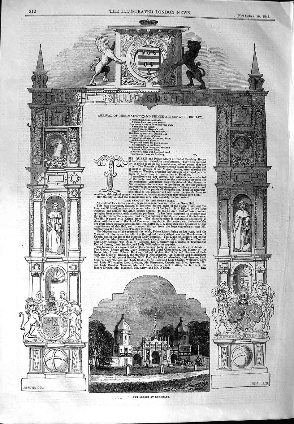 Original Old Antique Print 1844 Queen Prince Albert Burghley Lodges Victorian