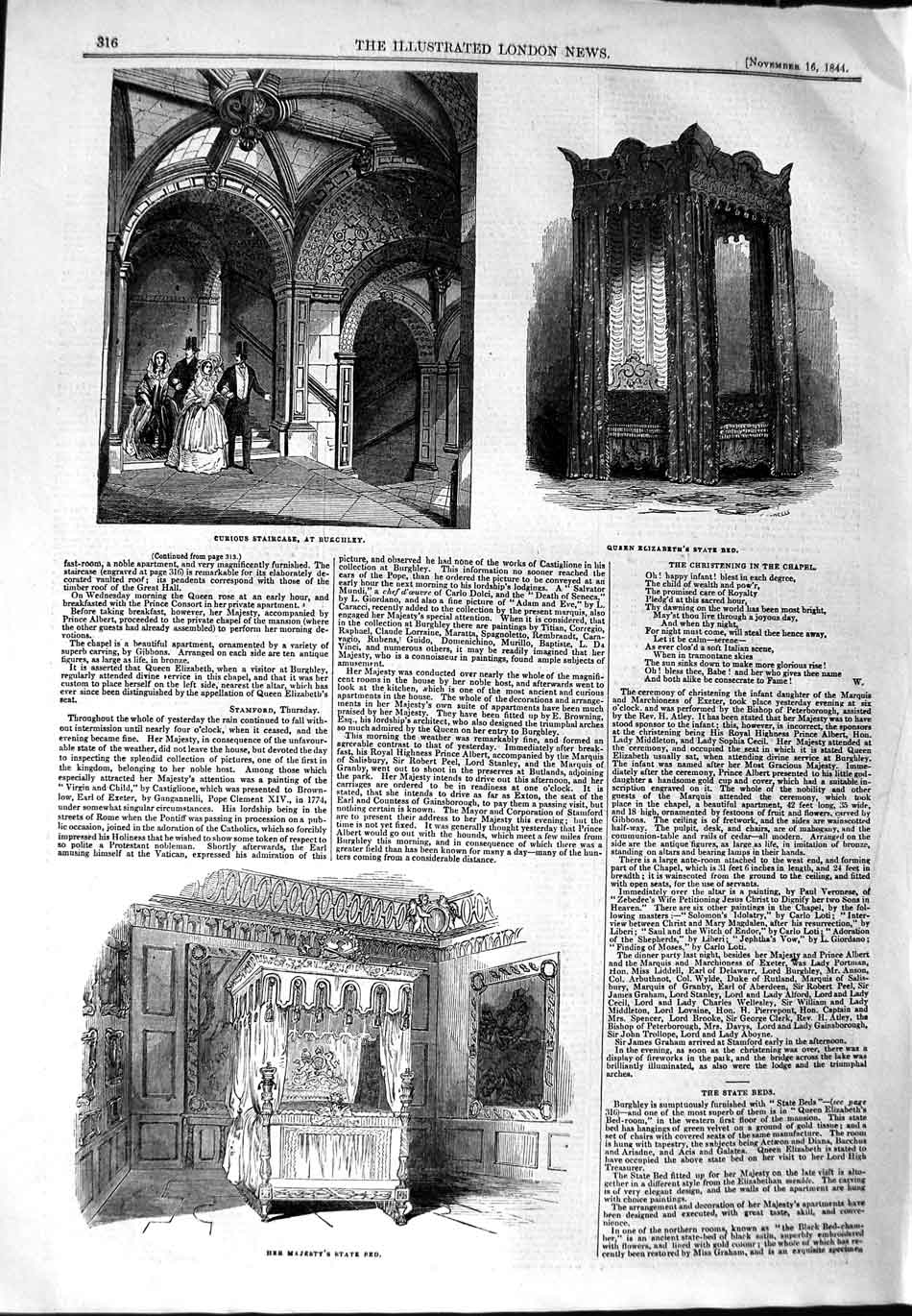 Original Old Antique Print 1844 Queen Elizabeth State Bed Staircase Burghley