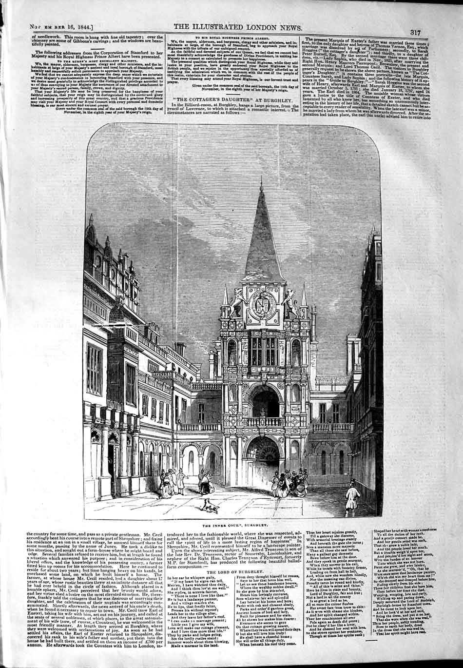 Original Old Antique Print 1844 Architecture Inner Court Burghley Victorian