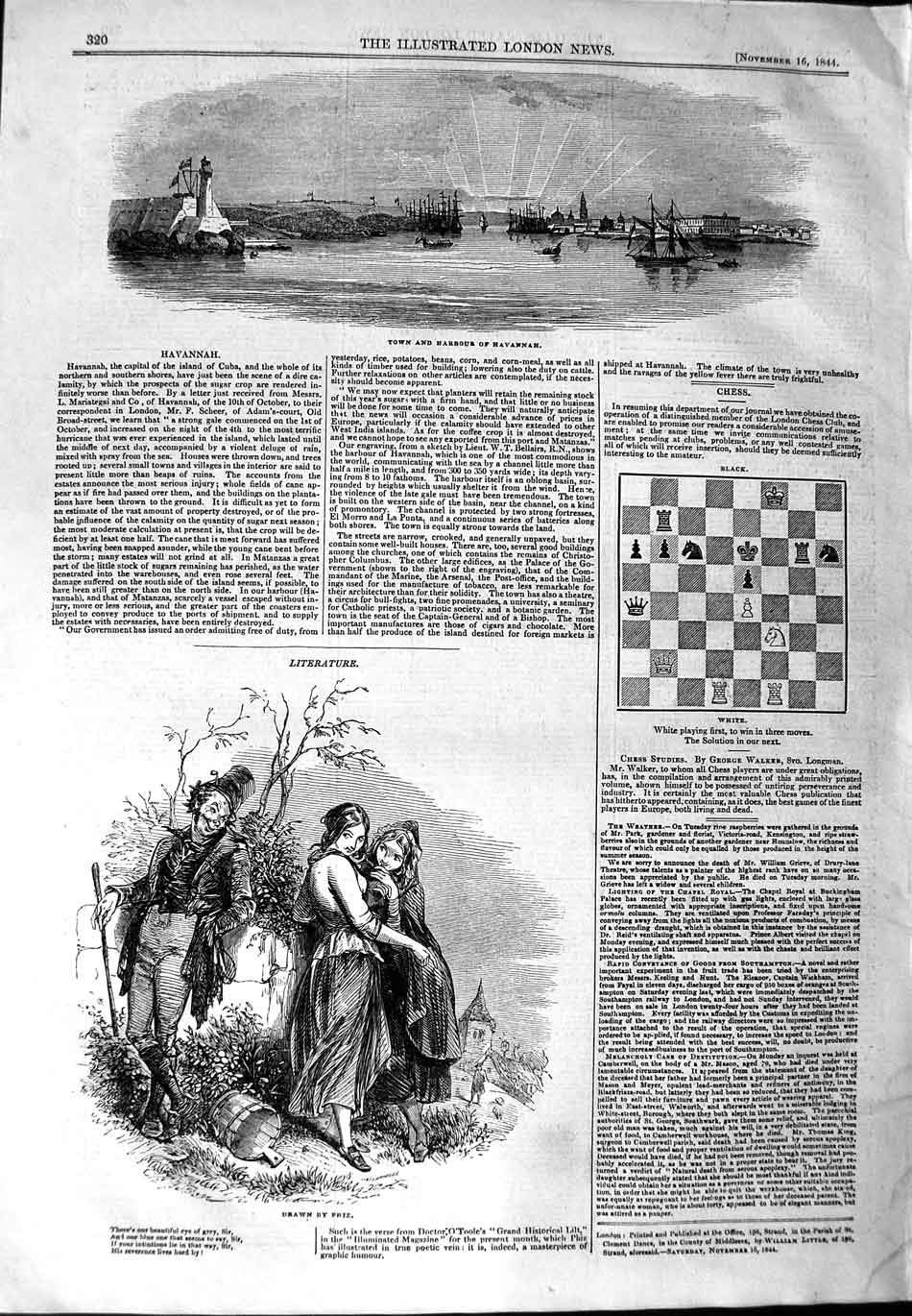 Original Old Antique Print 1844 Town Harbour Havannah Cuba Scruffy Man Ladies