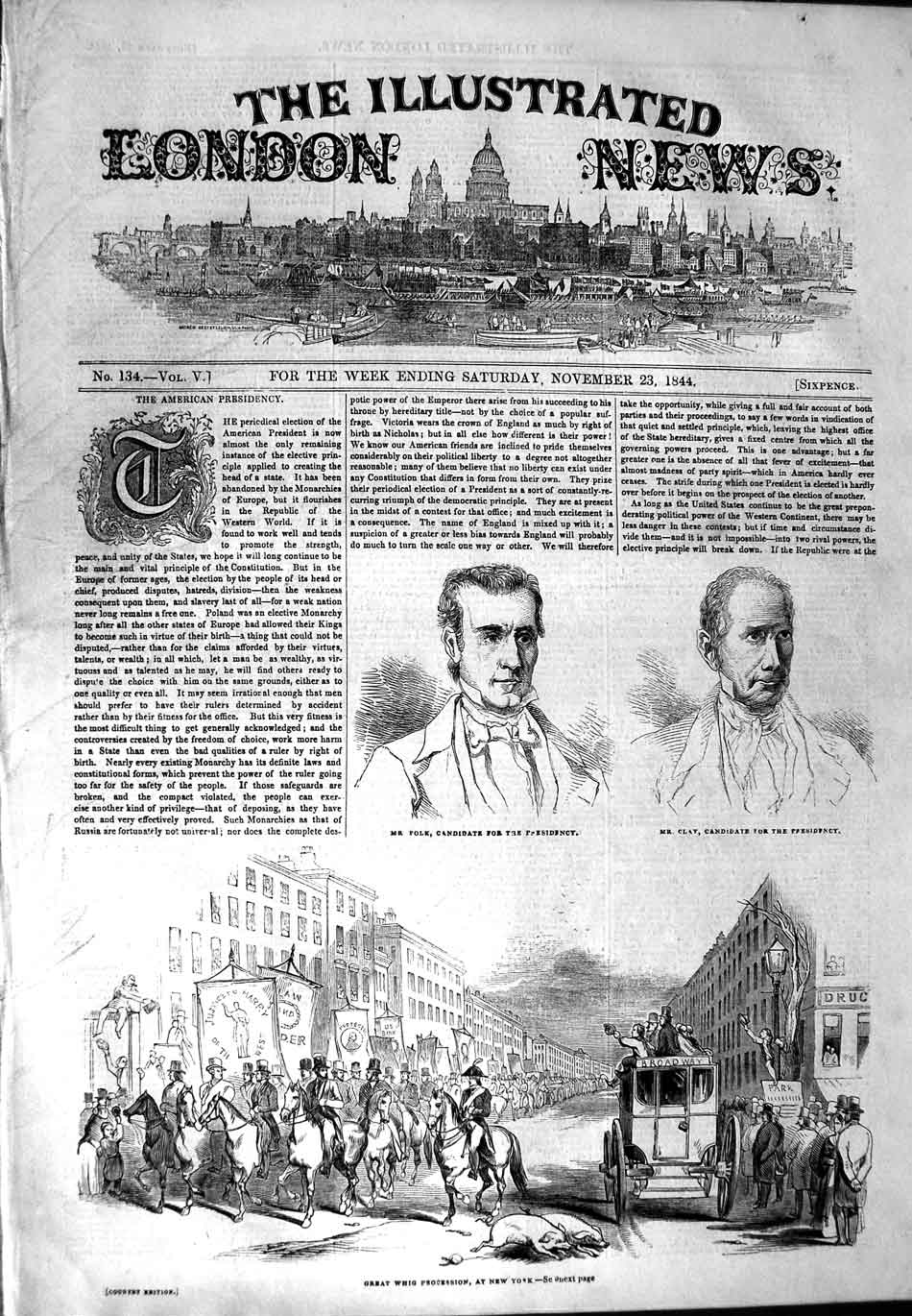 Original Old Antique Print 1844 Whig New York Polk Clay America Preside 19th