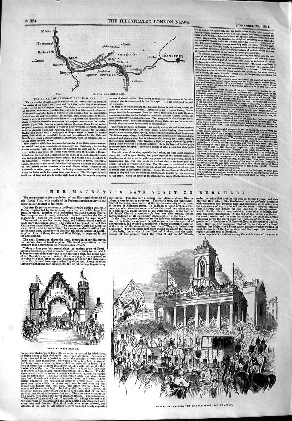Old Antique Print 1844 Queen Market Place Northampton Map Rheingau Arch 19th