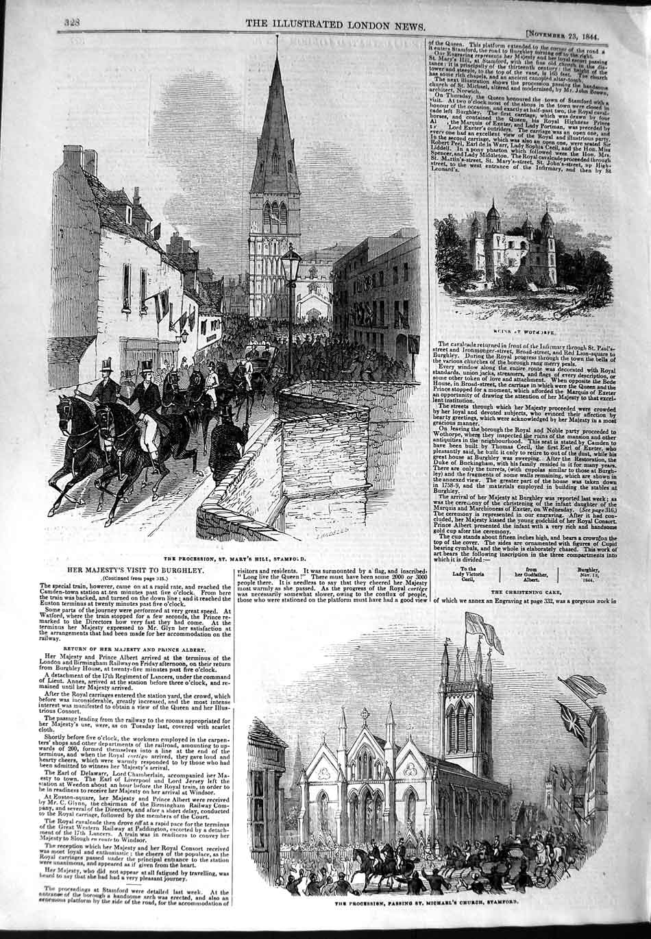 Old Antique Print 1844 Queen Procession Mary'S Stamford Michael'S Church 19th