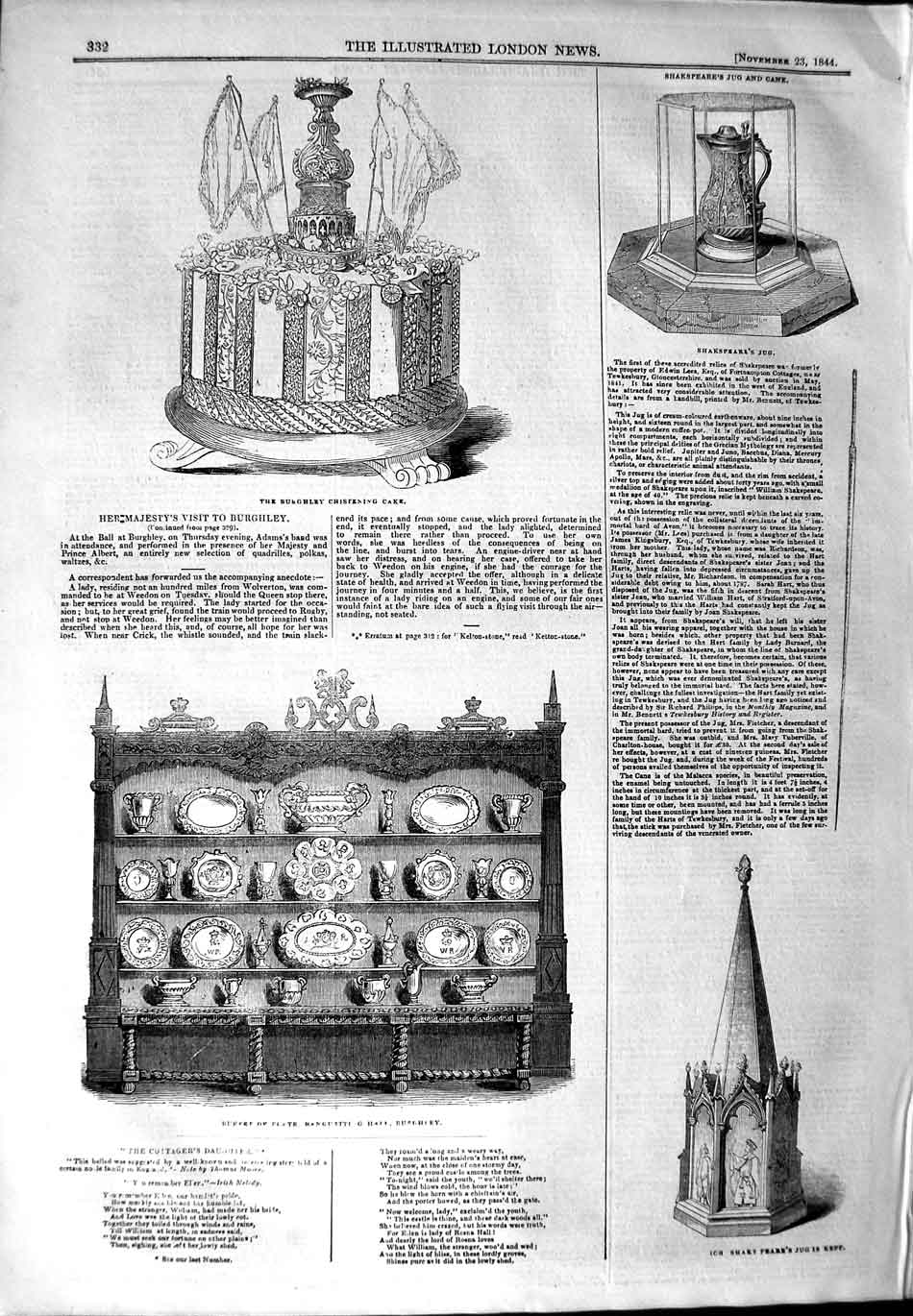 Original Old Antique Print 1844 Burghley Christening Cake Shakspeare Jug Cane