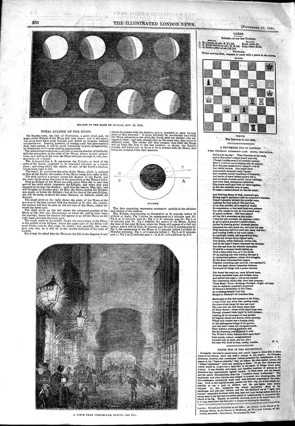 Original Old Antique Print 1844 Total Eclipse Moon Scene Temple Bar Fog London