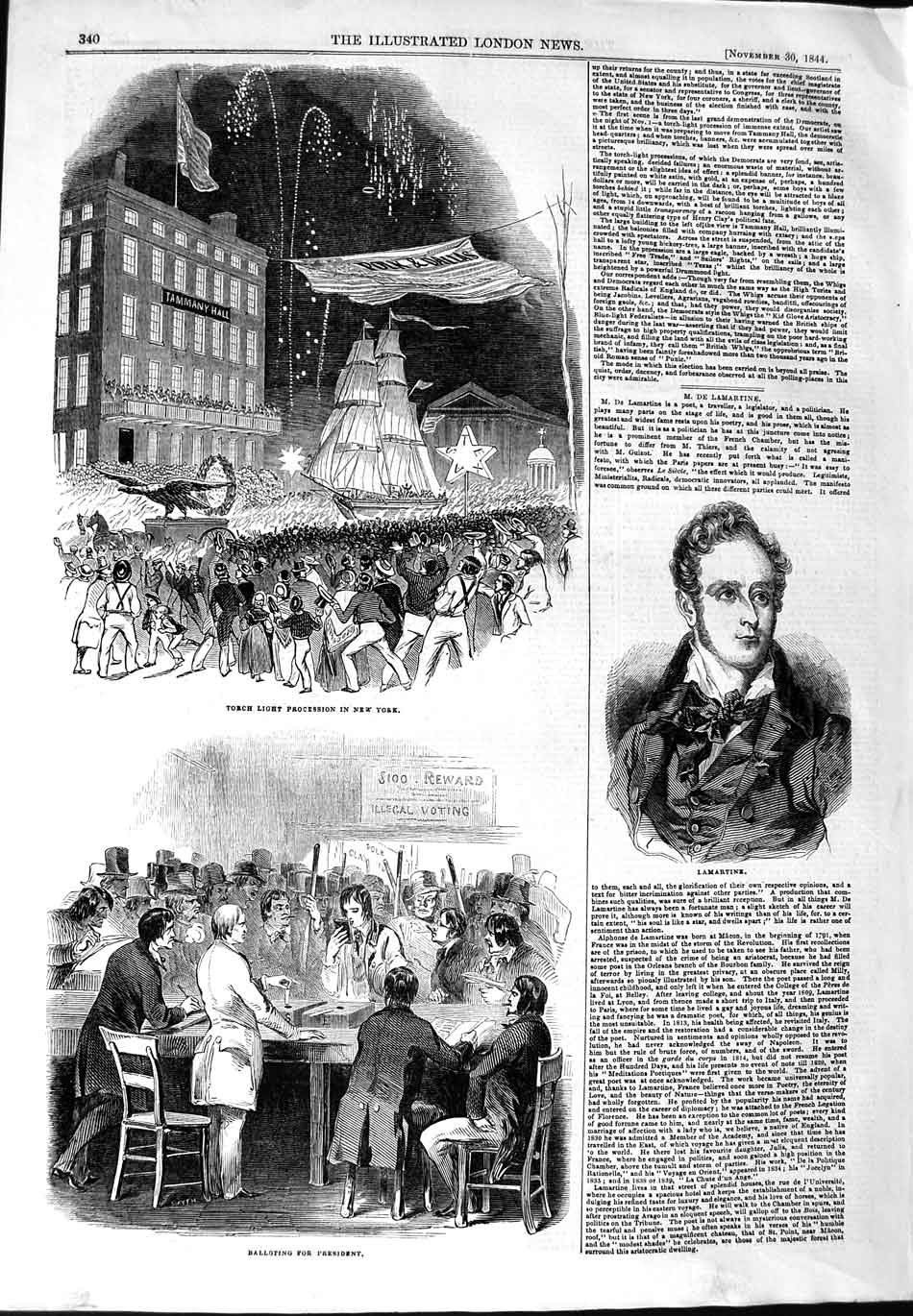 Old Antique Print 1844 Lamartine Balloting President Torch Light New York 19th