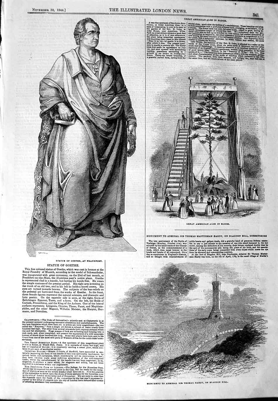 Old Antique Print 1844 Statue Frankfort American Aloe Hardy Blagdon Hill 19th