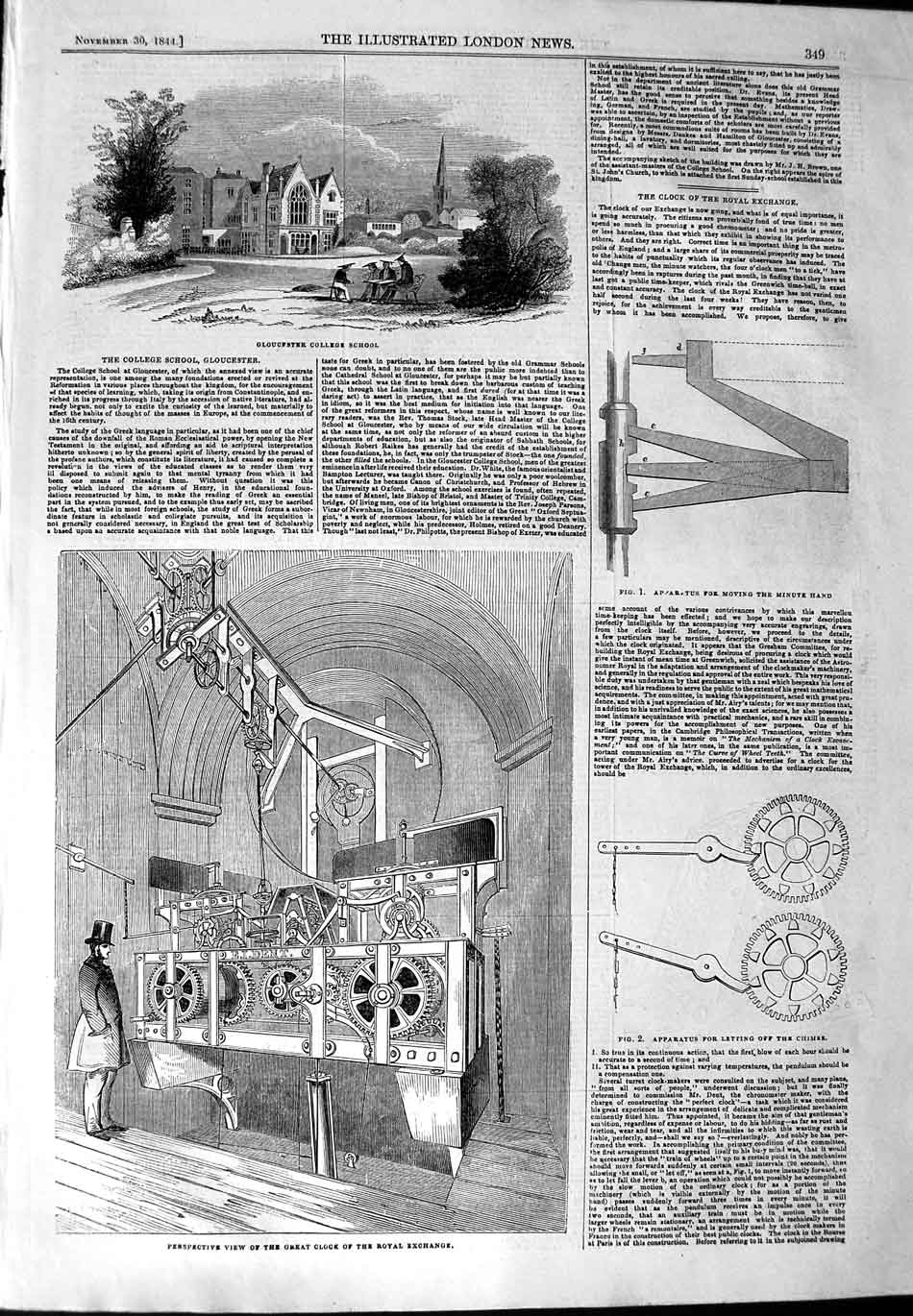 Original Old Antique Print 1844 Gloucester College School Clock Royal Exchange