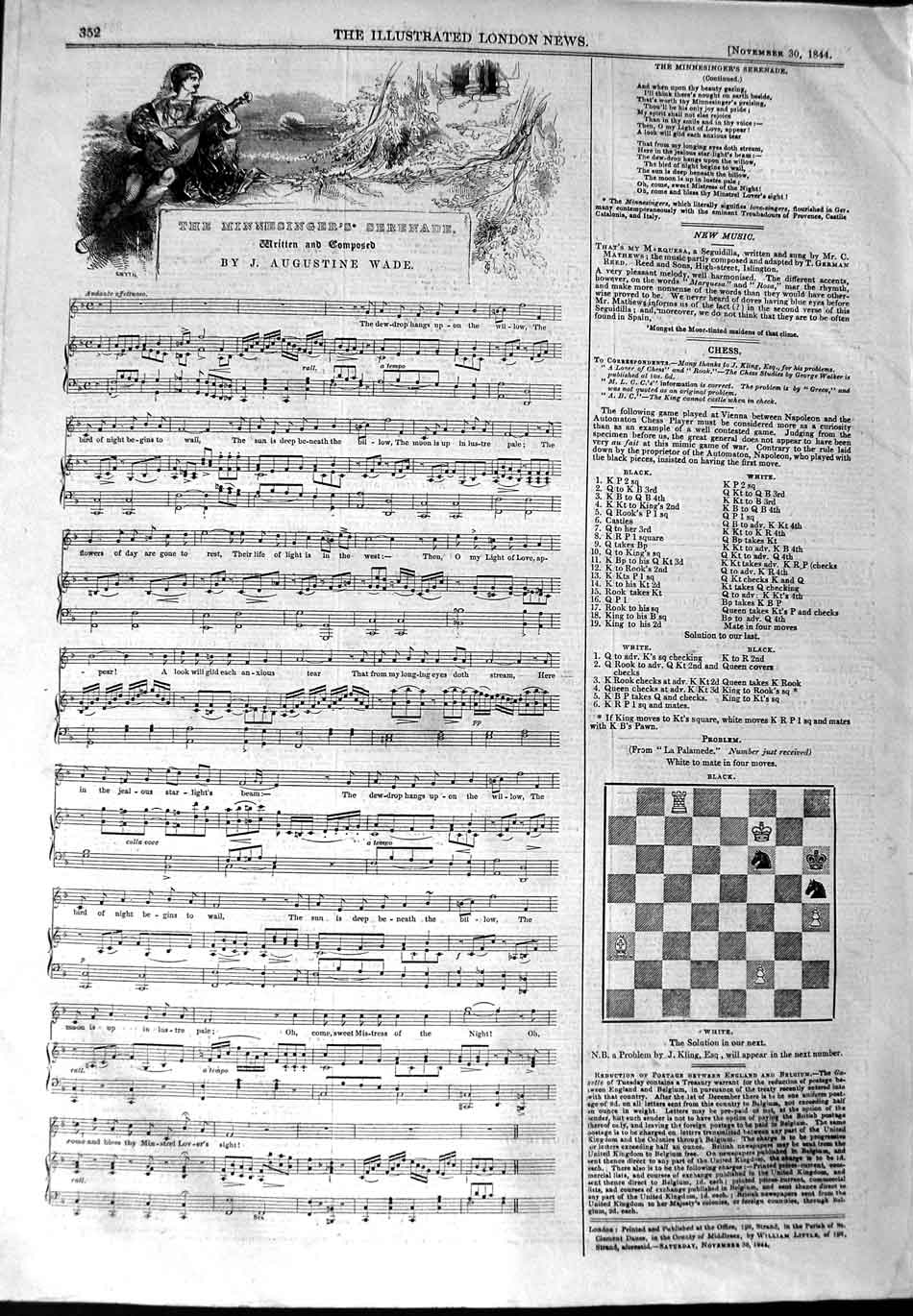Old Antique Print 1844 Sheet Music Minnesinger'S Serenade Augustine Wade 19th