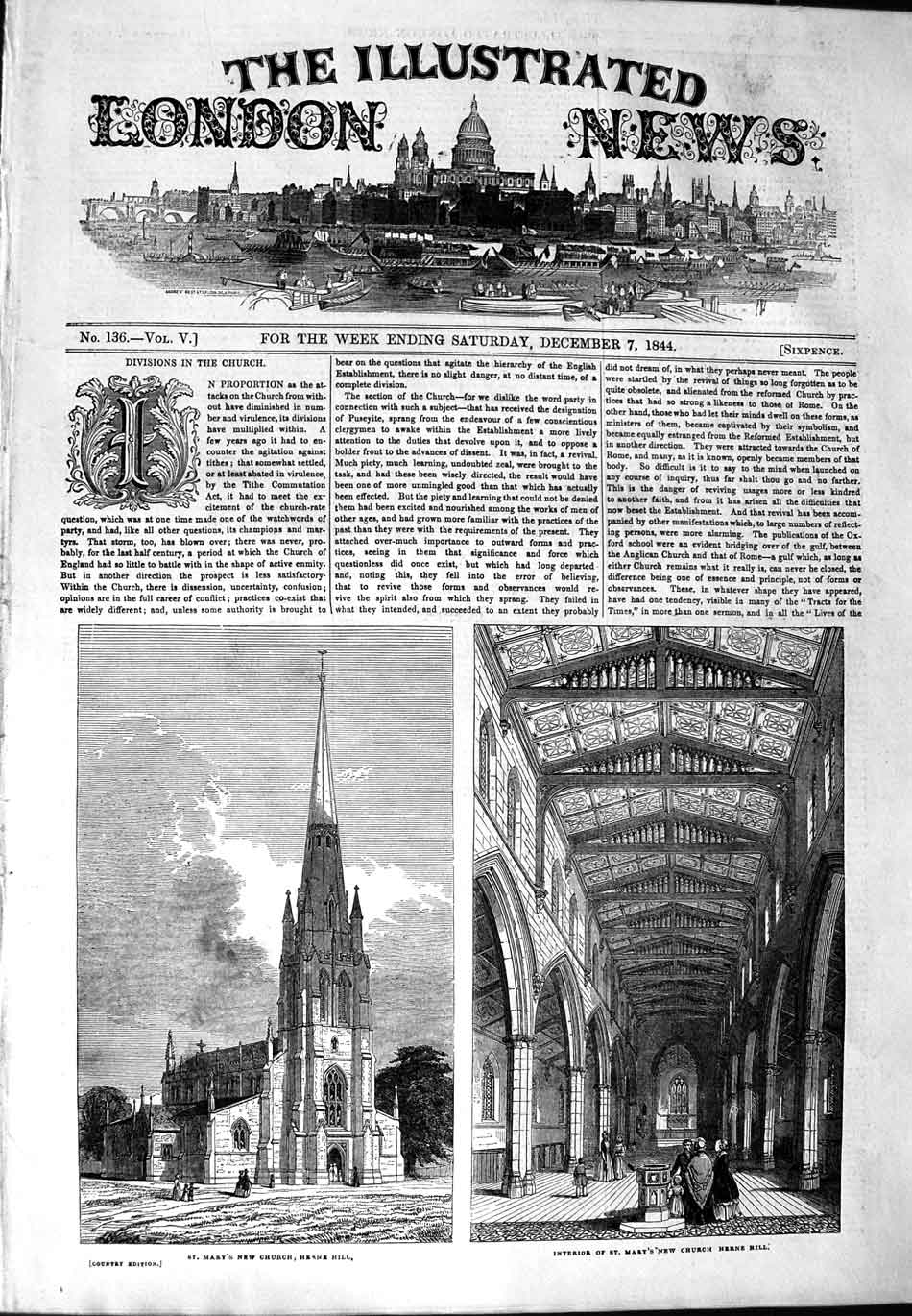 Original Old Antique Print 1844 Interior St. Mary'S Church Herne Hill Archi 19th