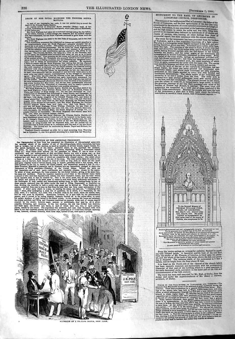 Original Old Antique Print 1844 Exterior Polling Station Booth New York America