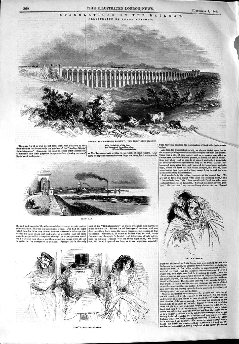 Original Old Antique Print 1844 London Brighton Railway Ouse Viaduct S Victorian