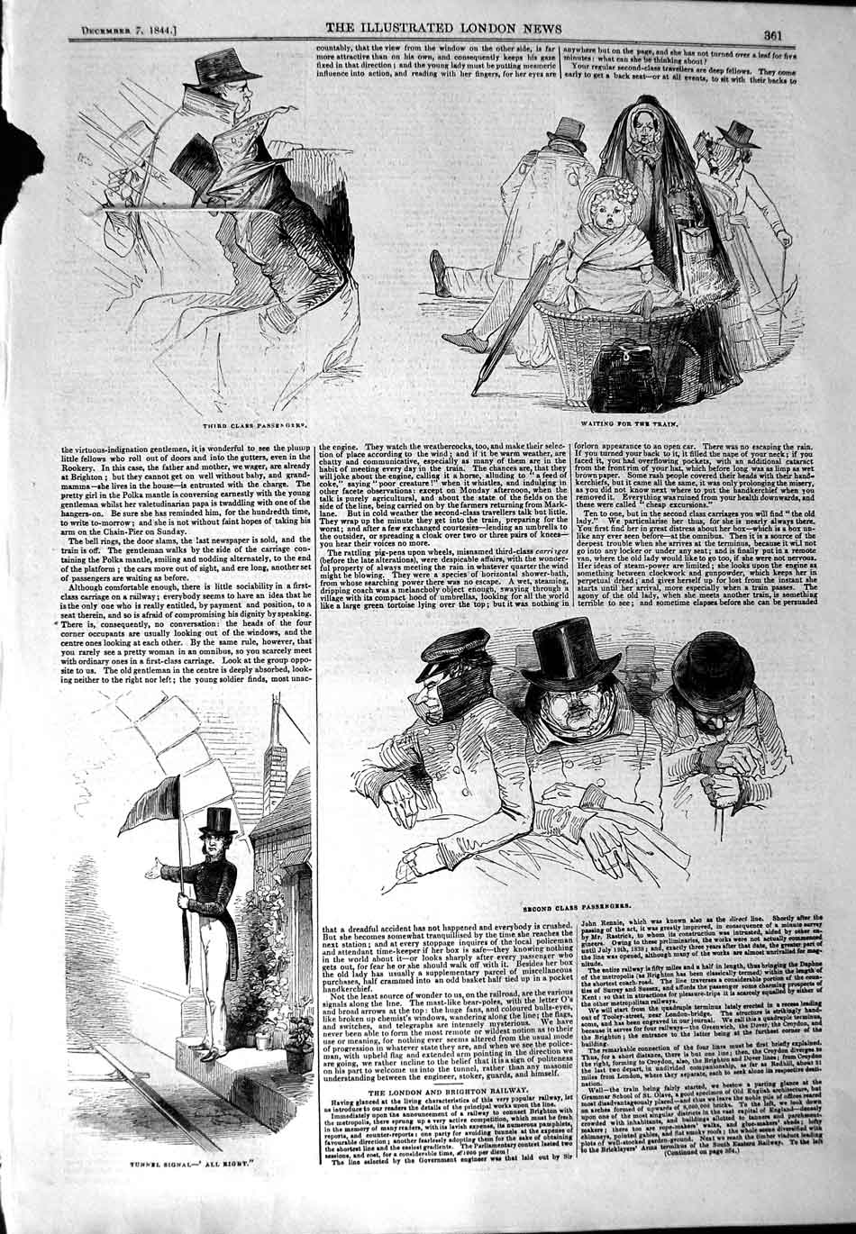 Original Old Antique Print 1844 Railway Passengers Train Tunnel Signal Man 19th