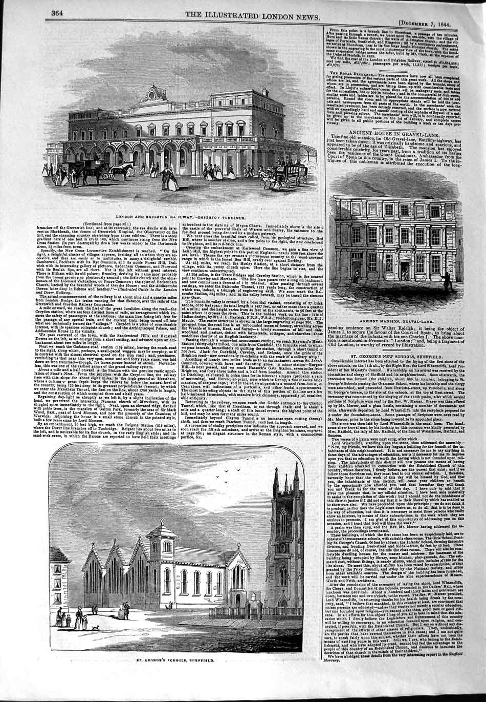 Original Old Antique Print 1844 London Brighton Railway George School Sheffield