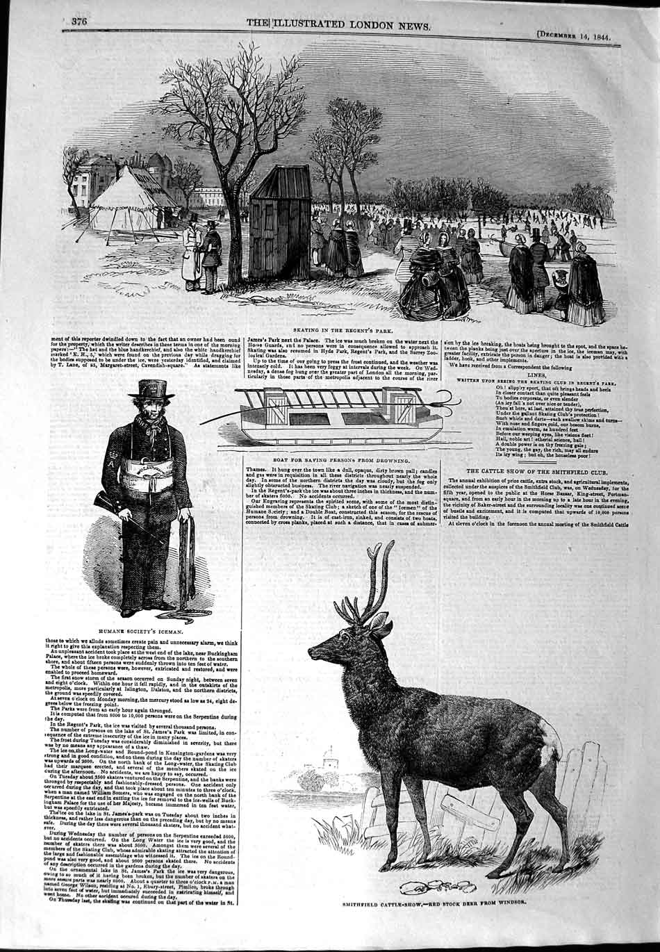 Original Old Antique Print 1844 Smithfield Cattle Red Deer Ice Skating Regents