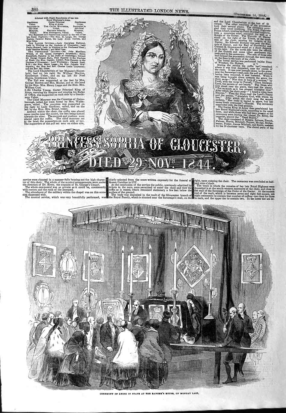 Old Antique Print 1844 Princess Sophia Gloucester Funeral George'S Chapel 19th