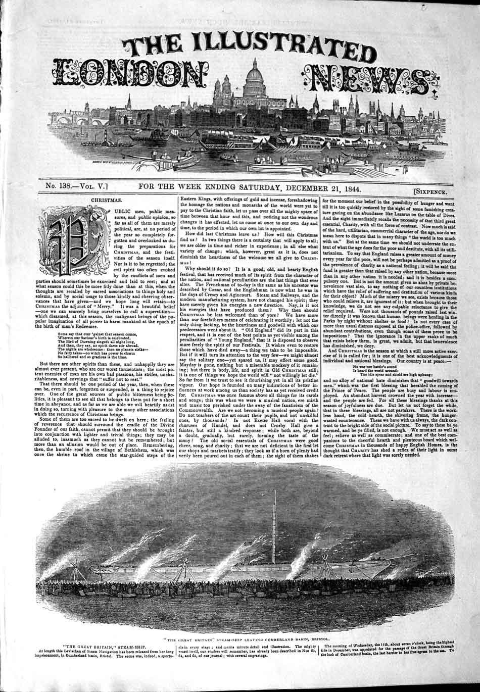 Original Old Antique Print 1844 Great Britain Steam Ship Cumberland Basin 19th