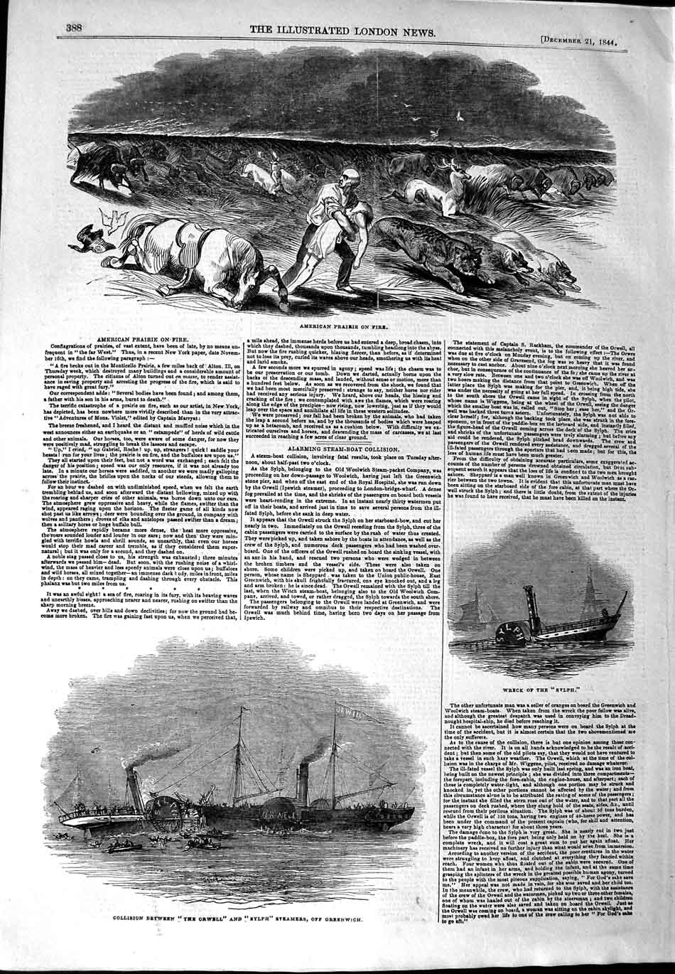 Original Old Antique Print 1844 American Prairie Fire Orwell Sylph Ships Gr 19th
