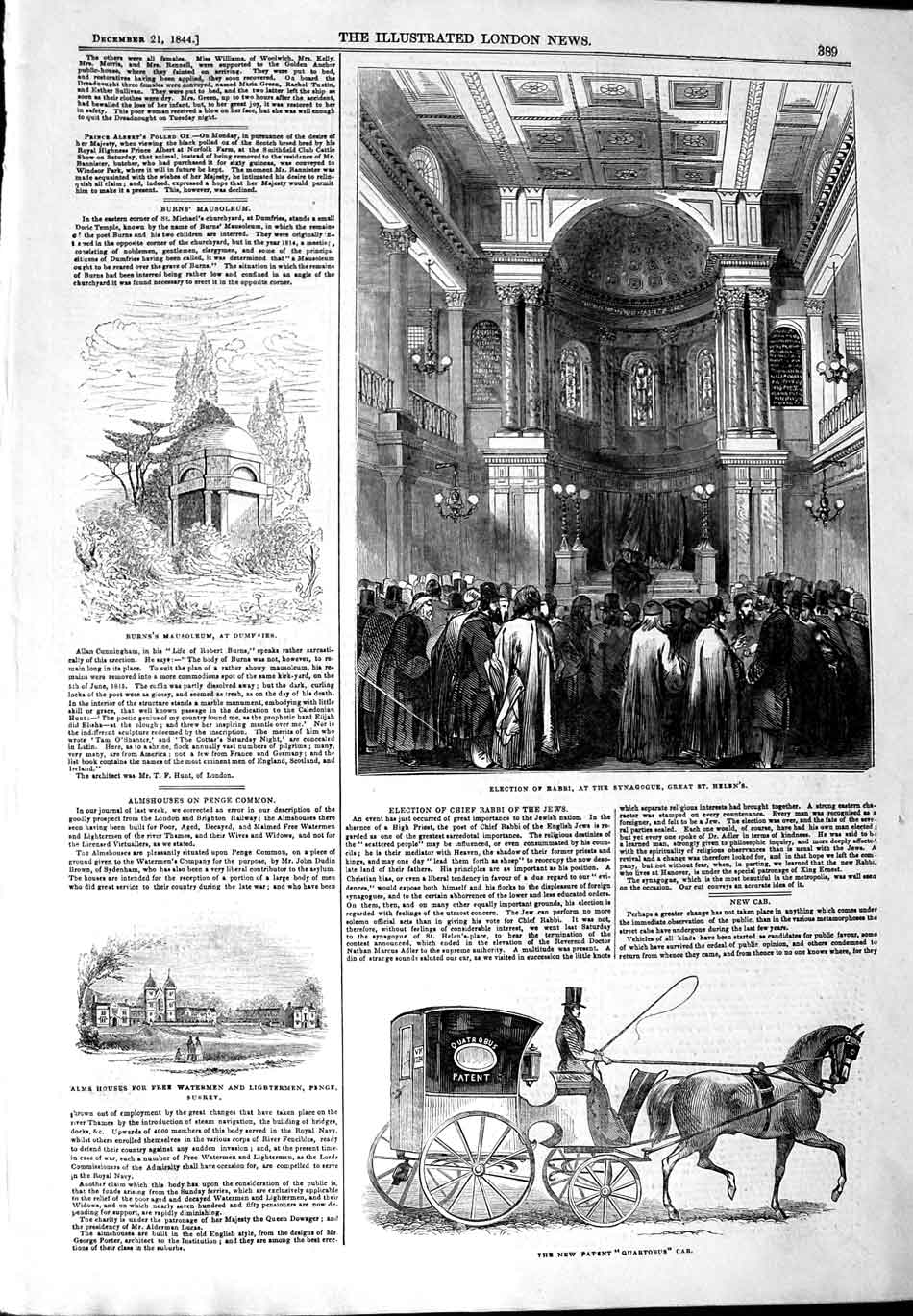 Original Old Antique Print 1844 Patent Quartobus Cab Rabbi Jews Burns Ma 19th
