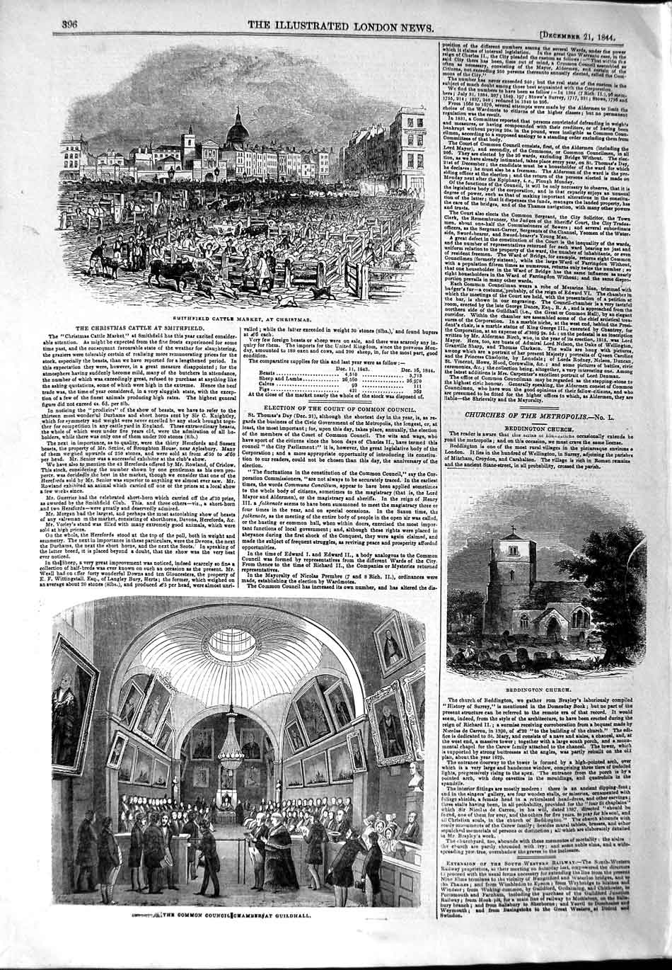 Original Old Antique Print 1844 Beddington Church Council Guildhall Smithfield